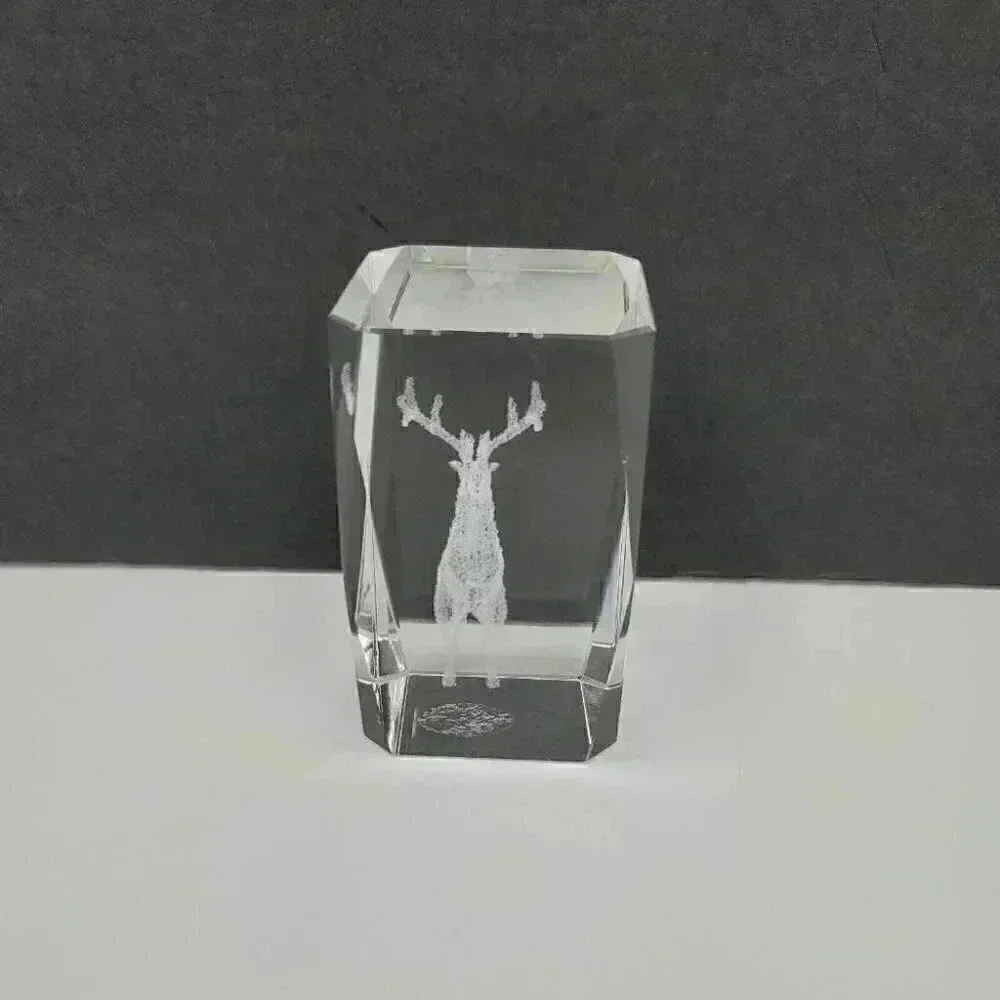 Stag Laser Cut Glass Etched Paper Weight Clear Cube 3